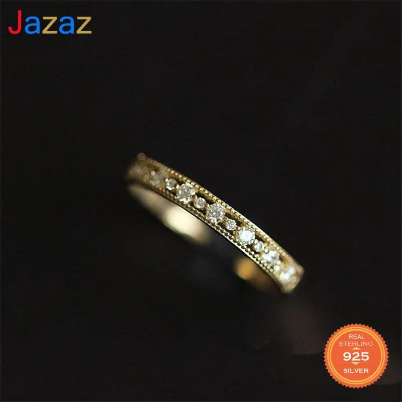 

Jazaz 925 Sterling Silver Plating 14k Gold Japanese Retro Simple Pave Crystal Hollow Ring Women Light Luxury Jewelry D001637