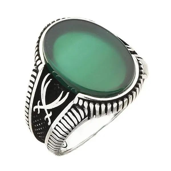

Fighter's Blade Design Silver Men's Ring with Oval Green Agate Gemstone Jewelry New Year's Day Gift for Grandfather for Father