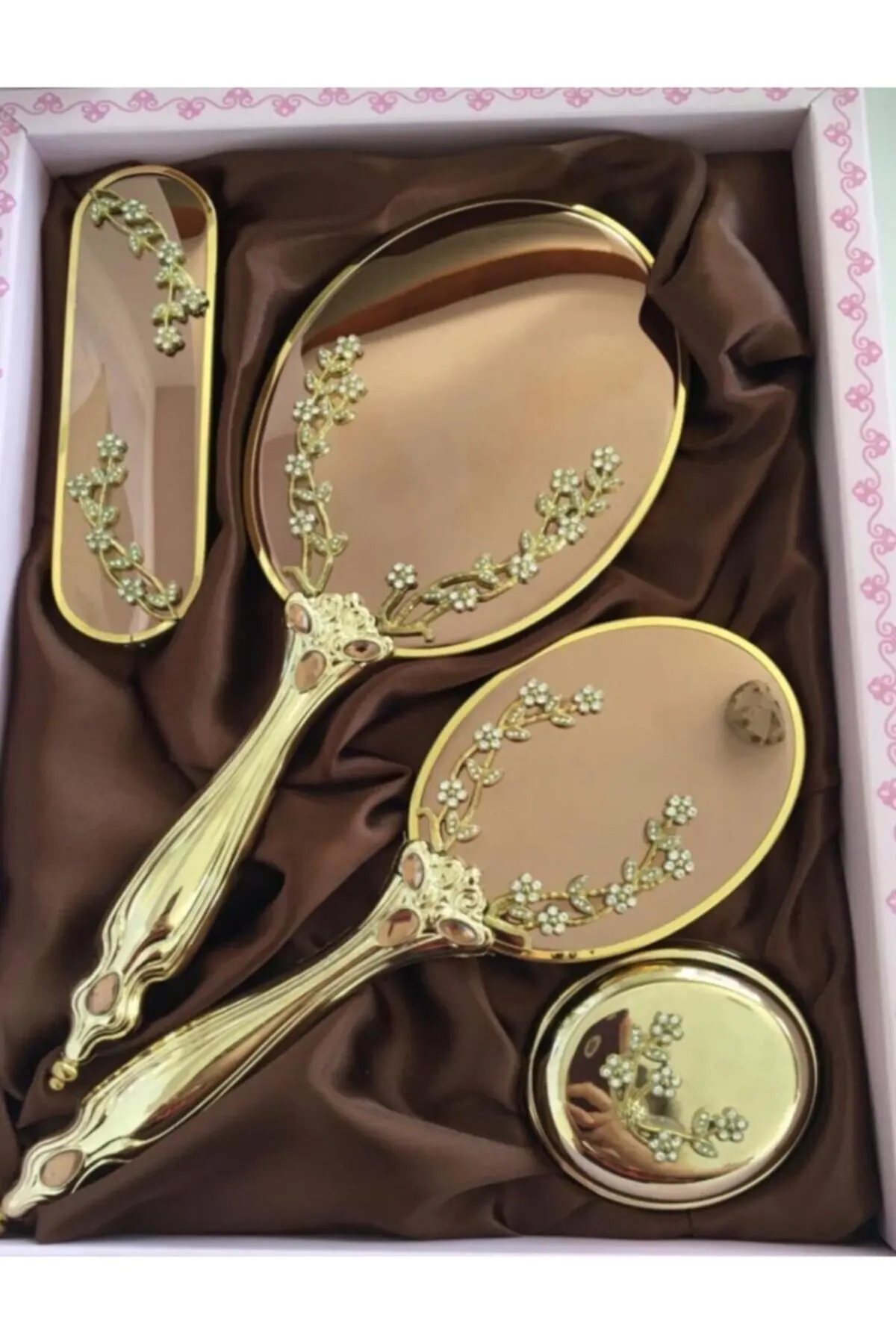 

Gold Mirror Comb Set Vintage Carved Hand Makeup Compact Cosmetic For Women