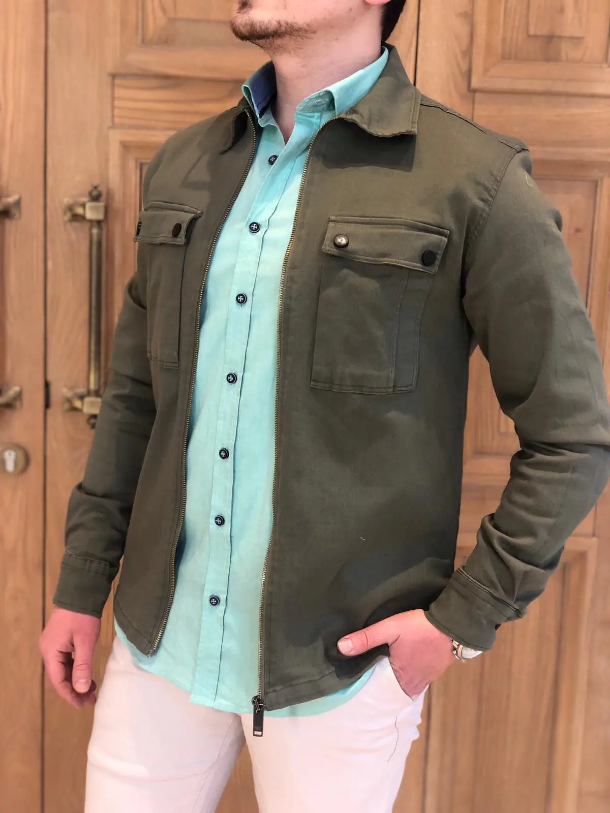 Джинсовая куртка мужская Slim Fit модная Повседневная джинсовая однотонная зеленая
