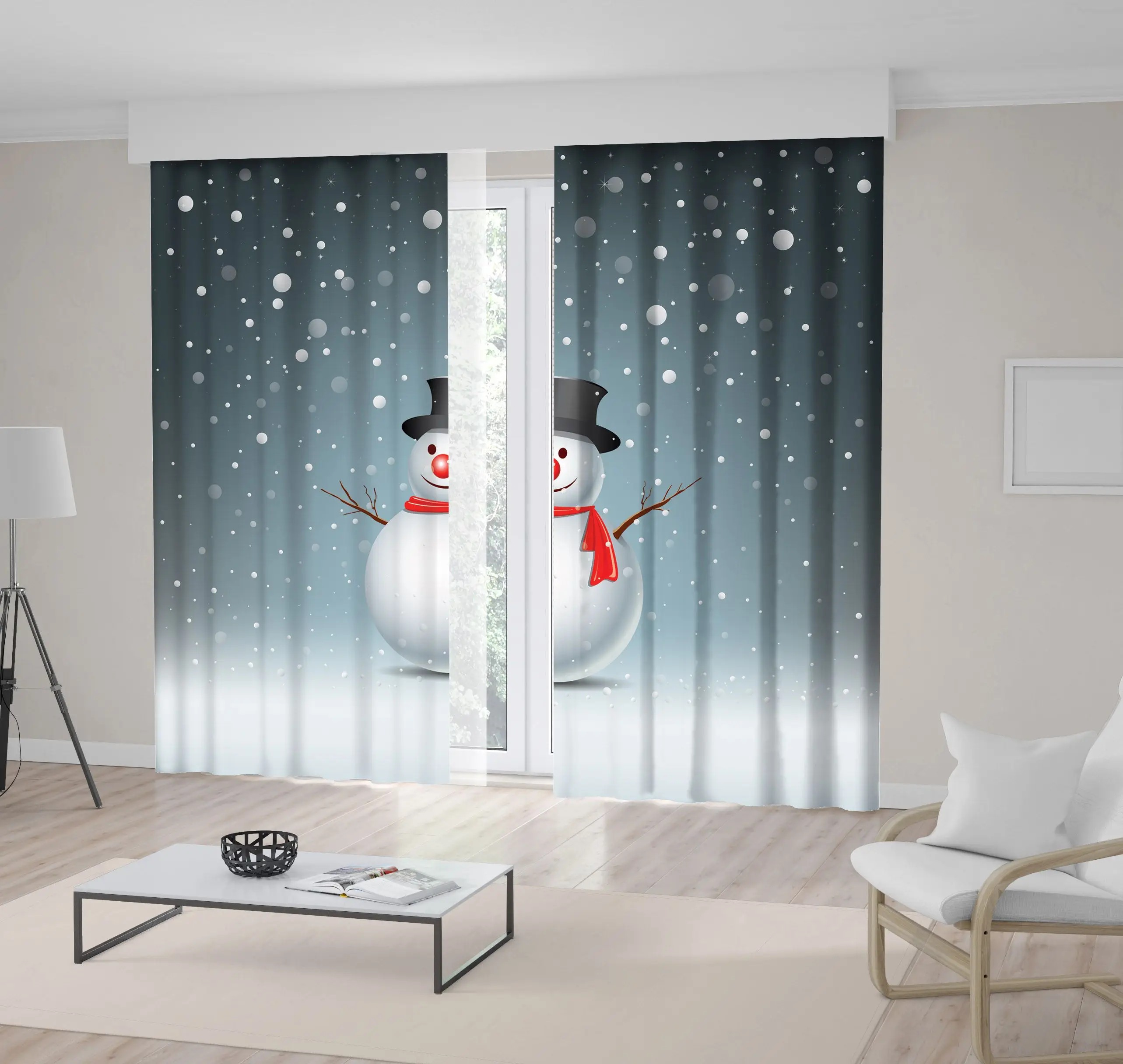Занавеска с рождественским снеговиком снежные хлопья на сером фоне изображением