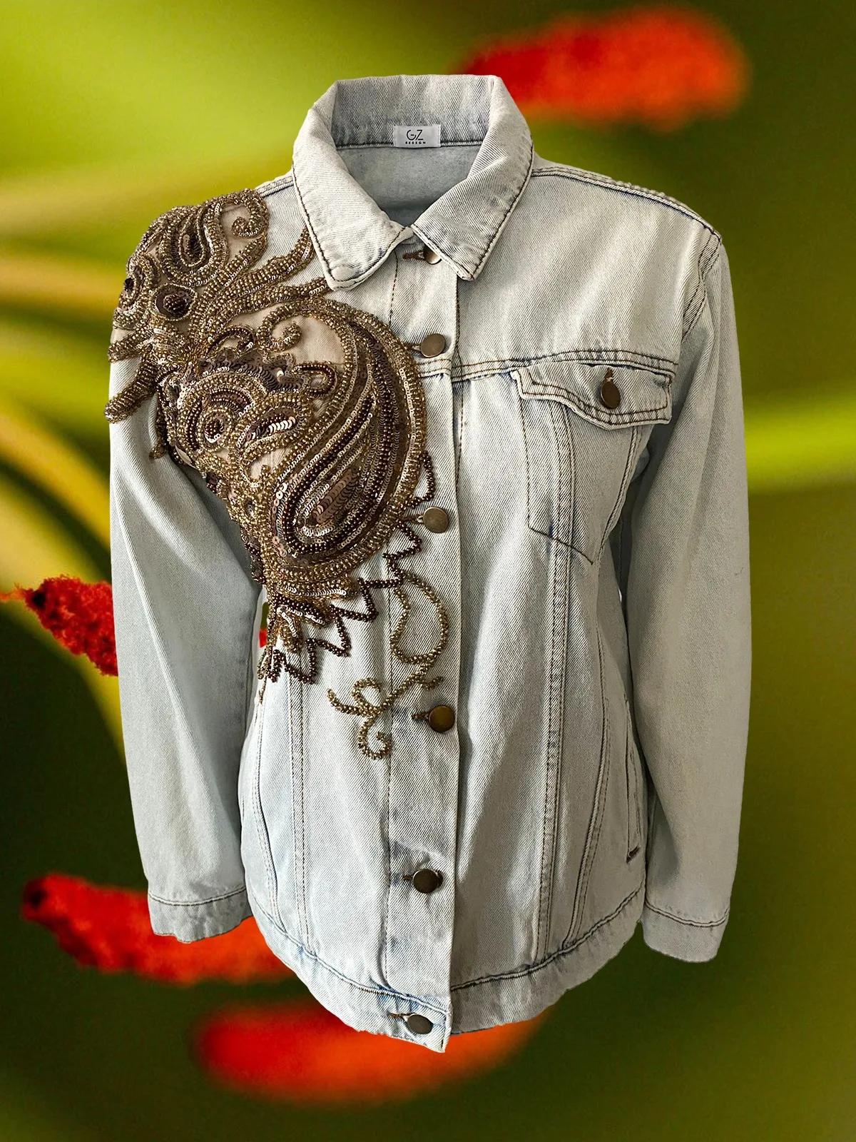 

2022 Spring Summer Copper Colour and Gold Handmade Embroidered Light Color Washed Women Denim Jacket
