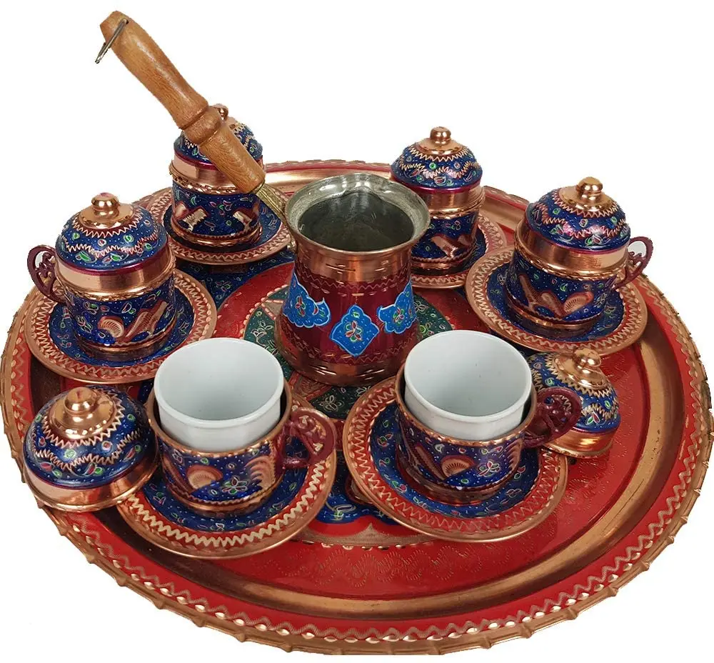 

FAST SHIPMENT Arabic Moroccan Coffee Espresso Cups Set of 6 - Coffee Pot and Saucers Tray Set with Lid and Holder Handle Vintage