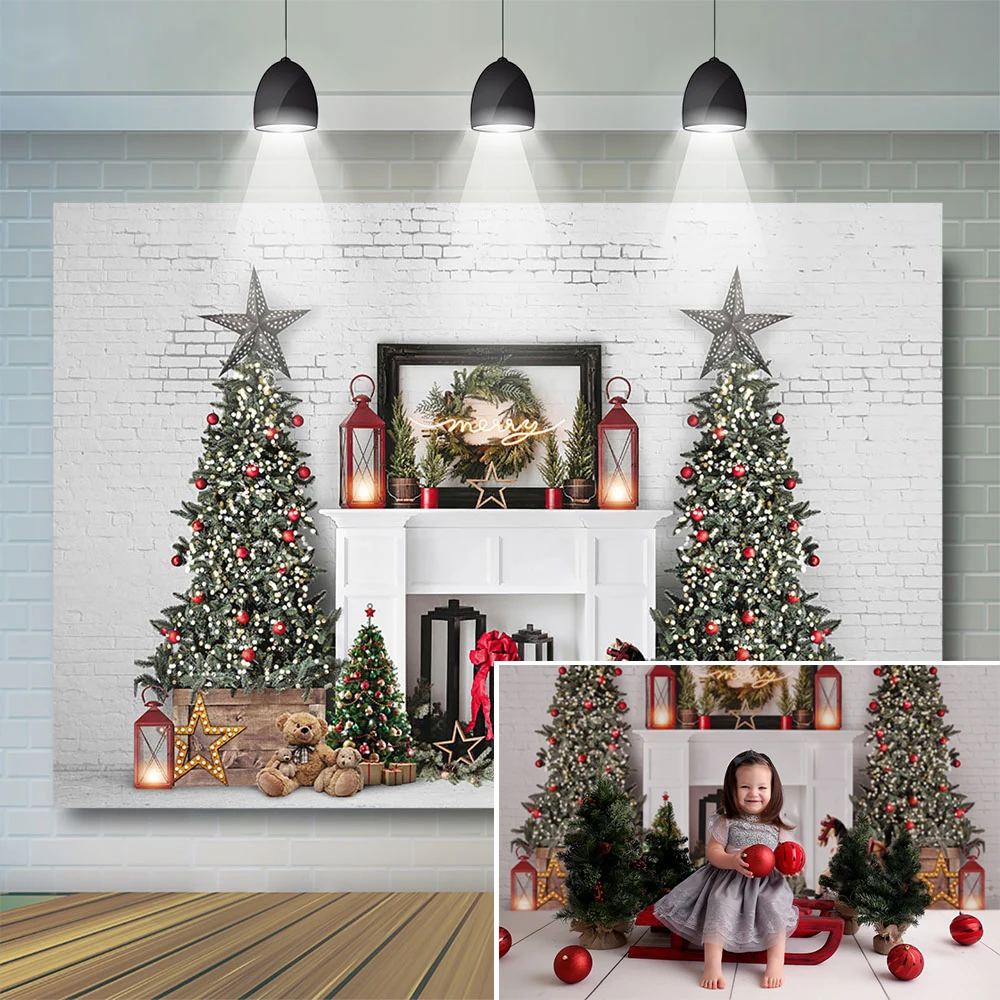 Christmas Fireplace Background Child Baby Photography Backdrop White Brick Wall Toy Bear Decor Baby Family Portrait Photostudio