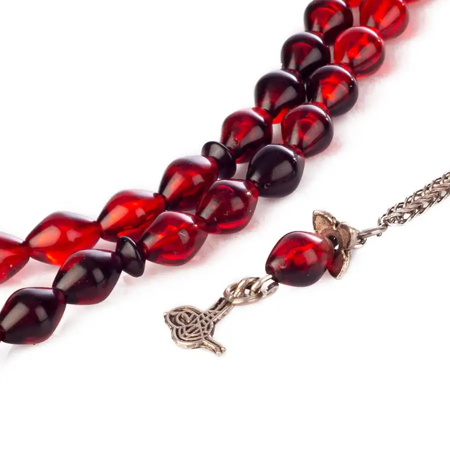 

Red Mixed Wavy Amber Rosary (Tasbih) with Ottoman Tughra Tassel Fashion Turkish Premium Quality Handmade Jawelery