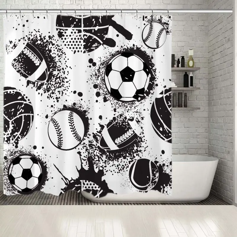 

Shower Curtain Baseball Football Basketball Rugby Ball Pattern Paint Splash Grunge Black and White Artwork Printed