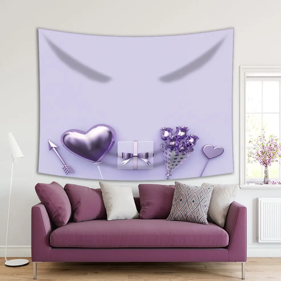 

Tapestry Arrow Balloon Heart Gift and Flowers Bouquet Metallic Abstract Valentine Concept Artwork Lilac Purple