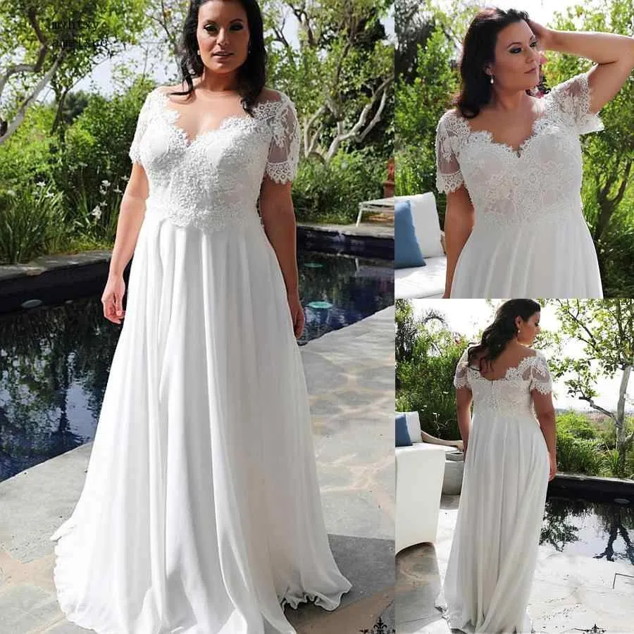 Lace Chiffon V-Neck A-line Plus Size Wedding Dresses 2020 Boho Beaded Appliques Short Sleeves Floor Length Bridal Gown White New