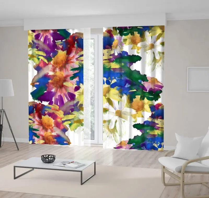 

Curtain Colorful Flowers Bouquet Blossom Pattern Painted in Watercolor Style Art White Yellow Green