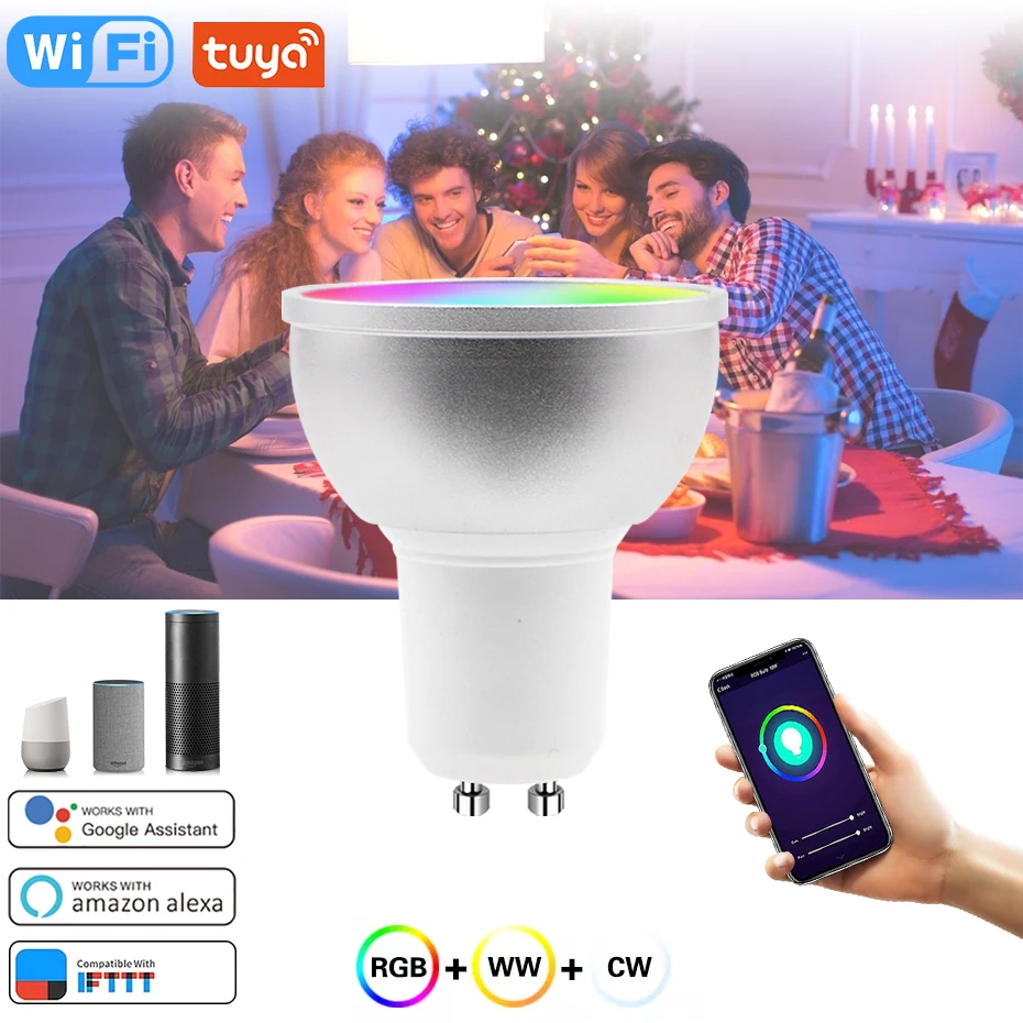 

Умные светодиодные лампы Tuya GU10 с поддержкой Wi-Fi, RGB, CW, WW, 5 Вт