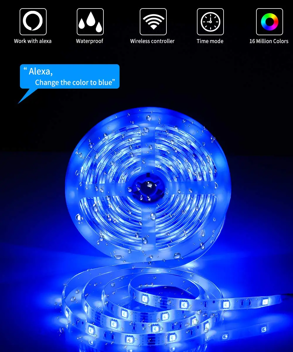 Приложение водонепроницаемый 16.4ft RGB светодиодный свет полосы WiFi Синхронизация с музыкой, 16 миллионов цветов 5050 Светодиодные лампы для дома, кухни, ТВ, вечерние
