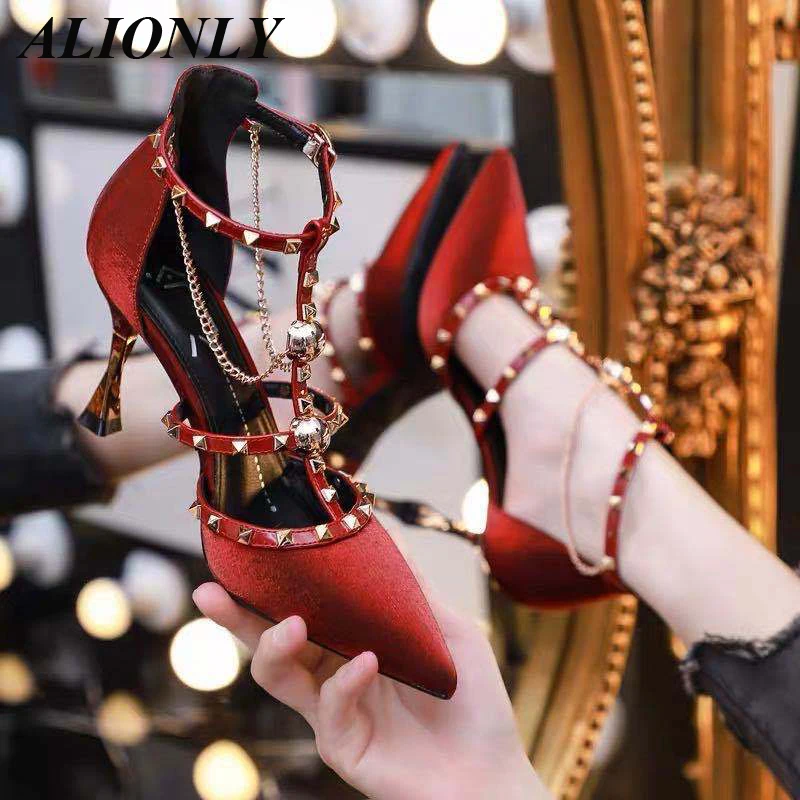 

ALIONLY Design Dress Sandals Women Pumps Female Fairy Style With Skirt Cherry 2022 Summer New High Heels With Thin Rivets Shoes