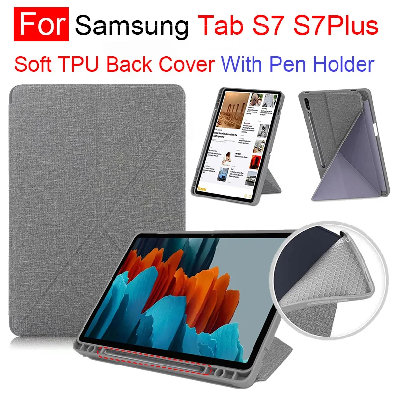 

For Samsung Tab S7 T870 T875 Tab S7Plus T970 Soft TPU Back Cover Slim Folding Stand Case With Pencil Holder MultiViewing Angles