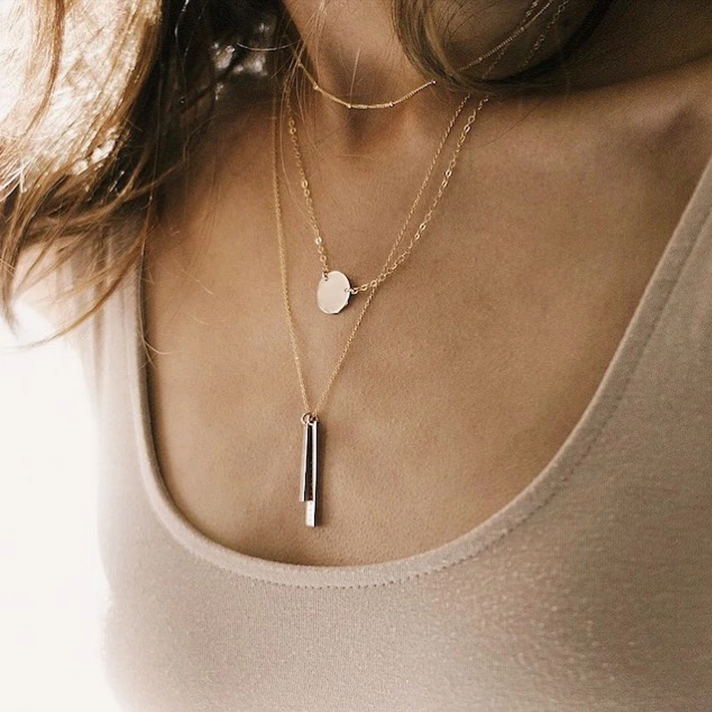 

SUNIBI 3Pcs Layered Necklaces Set Stainless Steel Bead Chain Choker Bar Disc Pendant Necklace for Women Party Fashion Jewelry