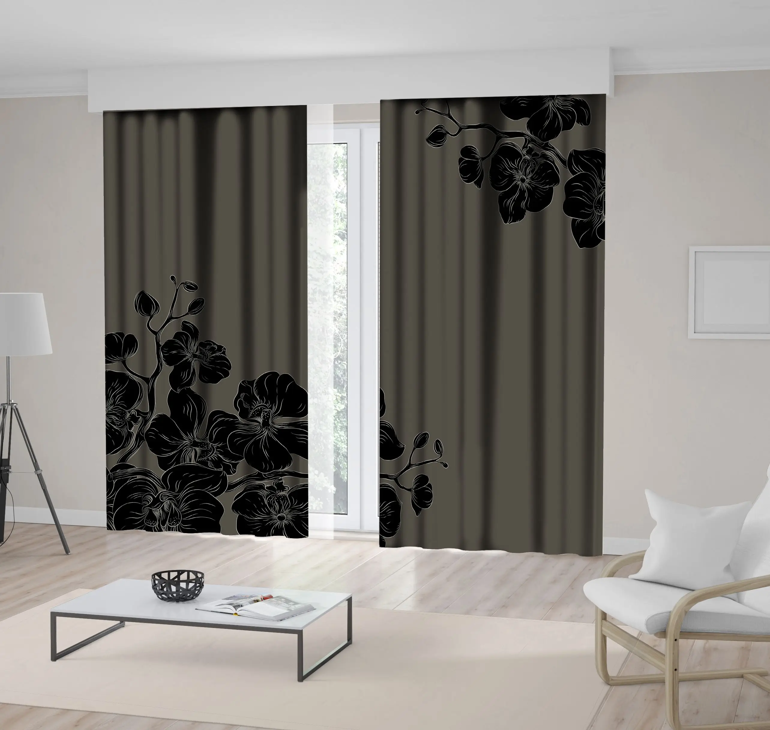 Занавески ветви орхидей букеты цветут романтические монохромные работы