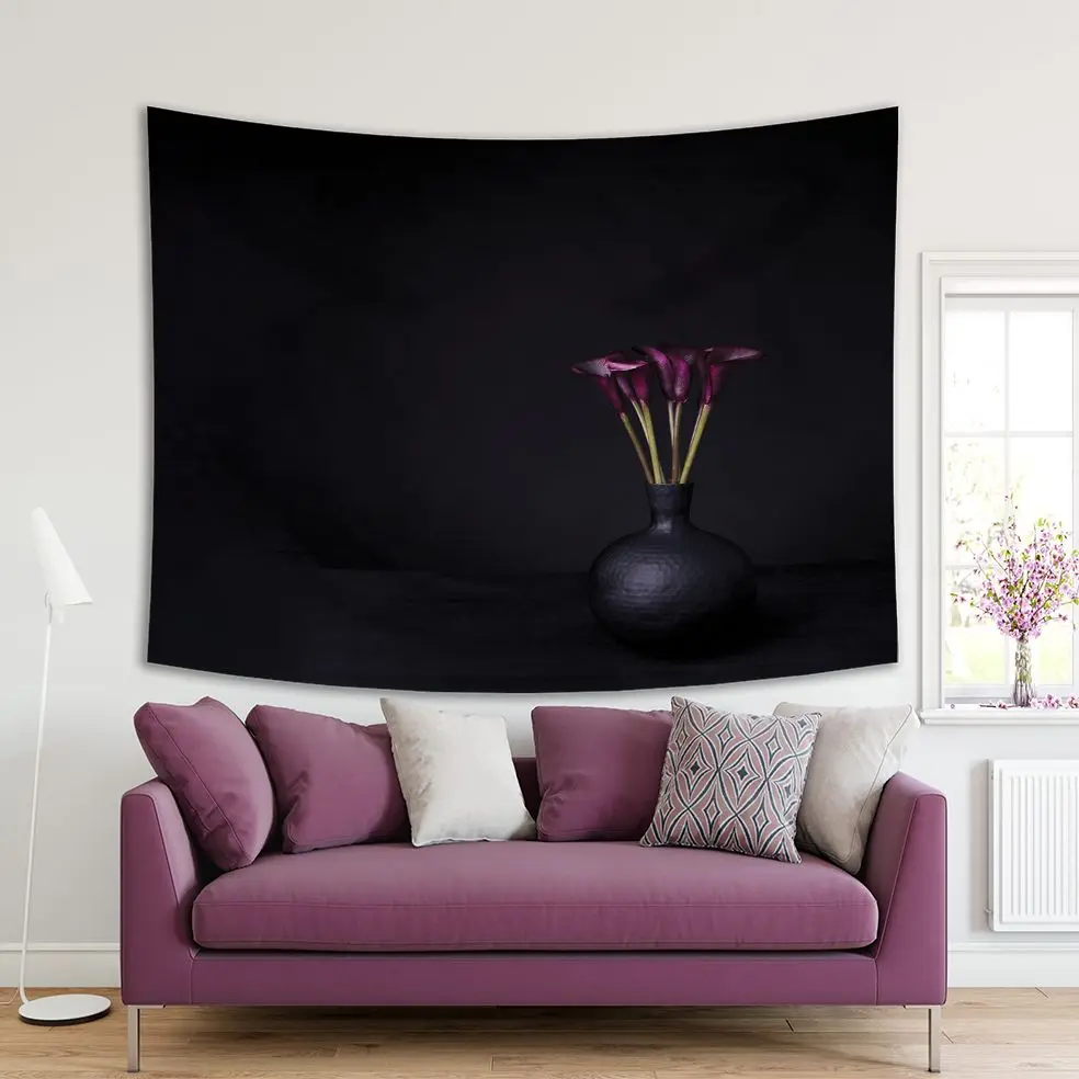 Гобелен фиолетовый Калла Лилли цветы букет в черной забитой вазе Темный цветной