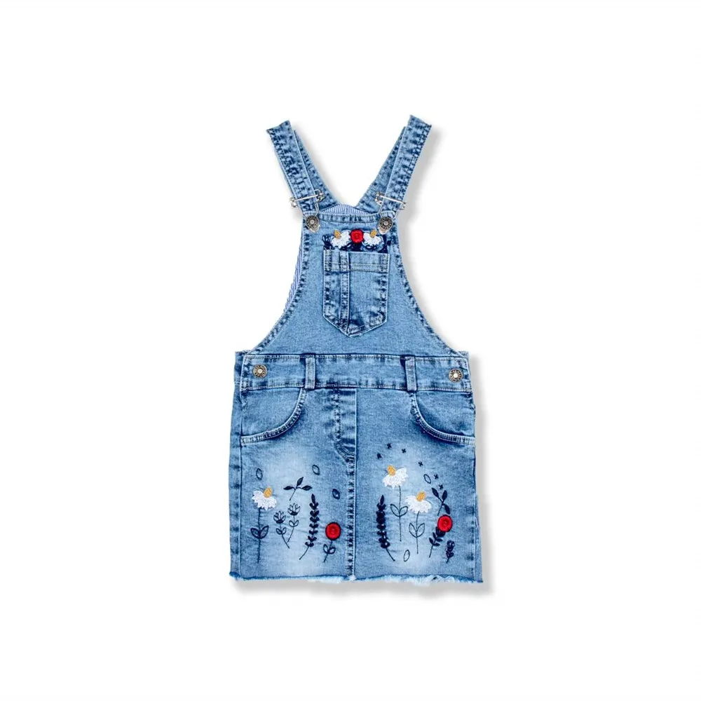 Baby Kids Children Girl Jean Denim Jumper Dress with Daisy Embroidery Playsuit Sportswear Outfit