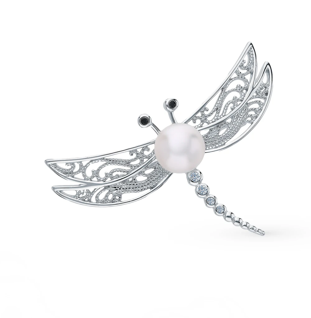 Серебряная брошь с фианитами и жемчугом SUNLIGHT проба 925|Украшения для волос броши