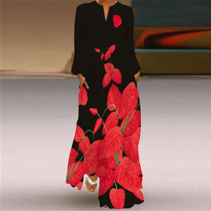 

Women Sundress Elegant Black Dress 2022 Sexy V Neck Floral Print Boho Beach Dress Woman Girls Rose Print Maxi Dress