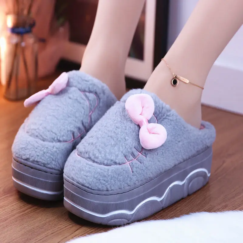 Bowknot Cat Slippers Women's Winter High Heel Mules Girls Fuzzy Home Shoes Fur Clogs Woman Purple Furry Slides Platform Slippers