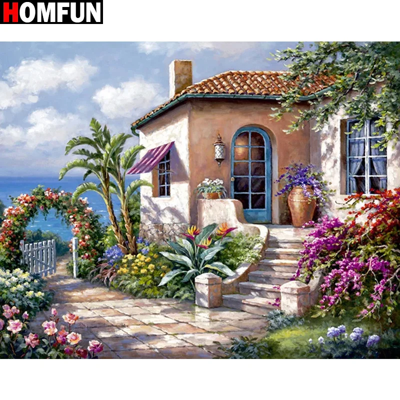 

Алмазная 5D Вышивка HOMFUN, Набор для творчества, вышивка крестиком, «пейзаж, дом, цветок, море», украшение для дома
