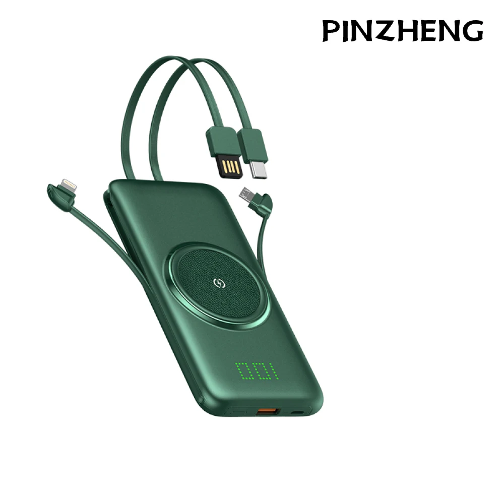 

PINZHENG Chargers Power Bank 20000mAh With Data Cable Invisible Digital Display Quick Charge Portable Charger For iPhone Xiaomi