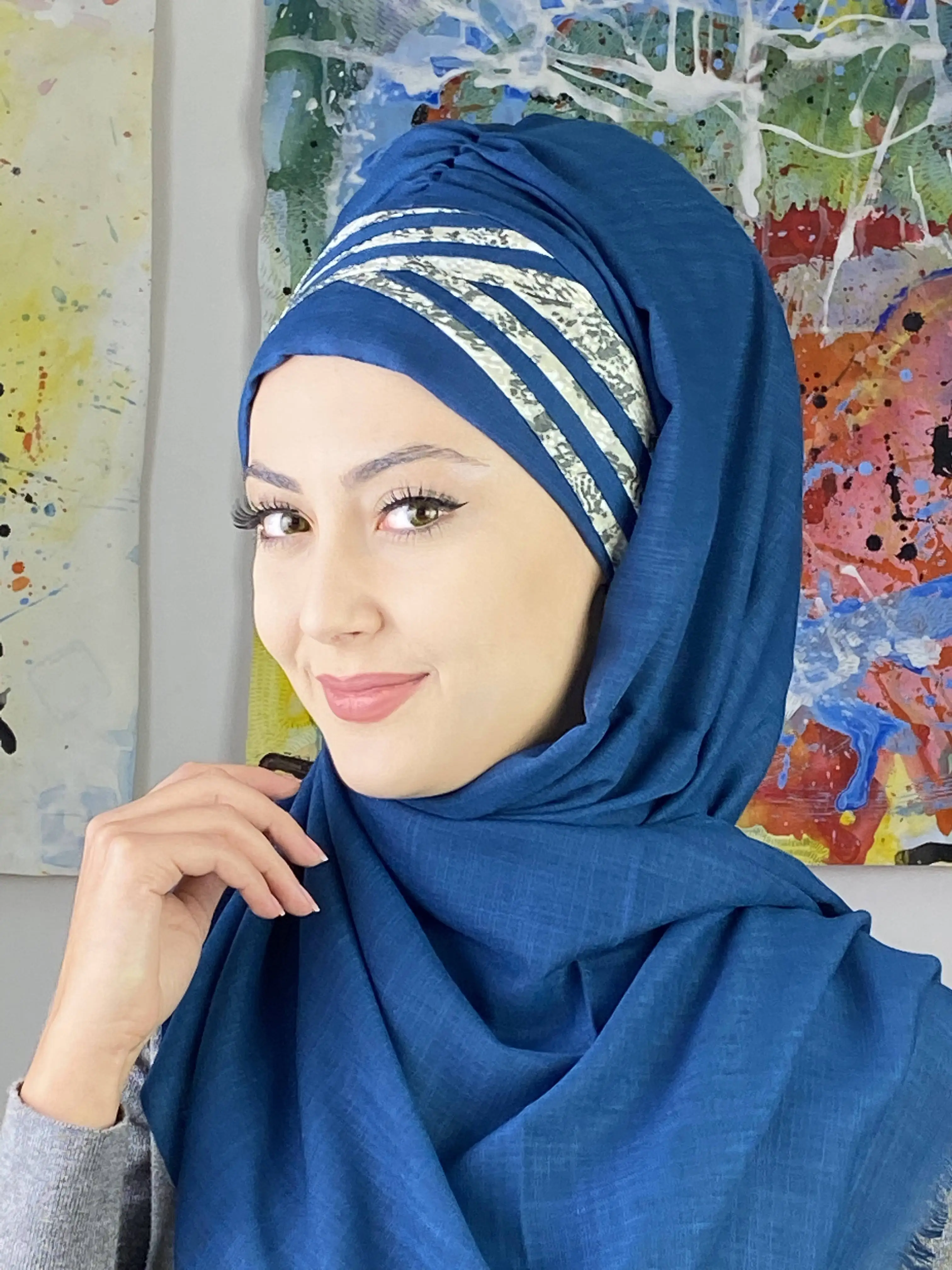 2022 New Fashion Hijab Islam Foulard Winter Scarves Musulman Women Products Hat Cross Draped Navy Blue Crocodile Pattern Shawl