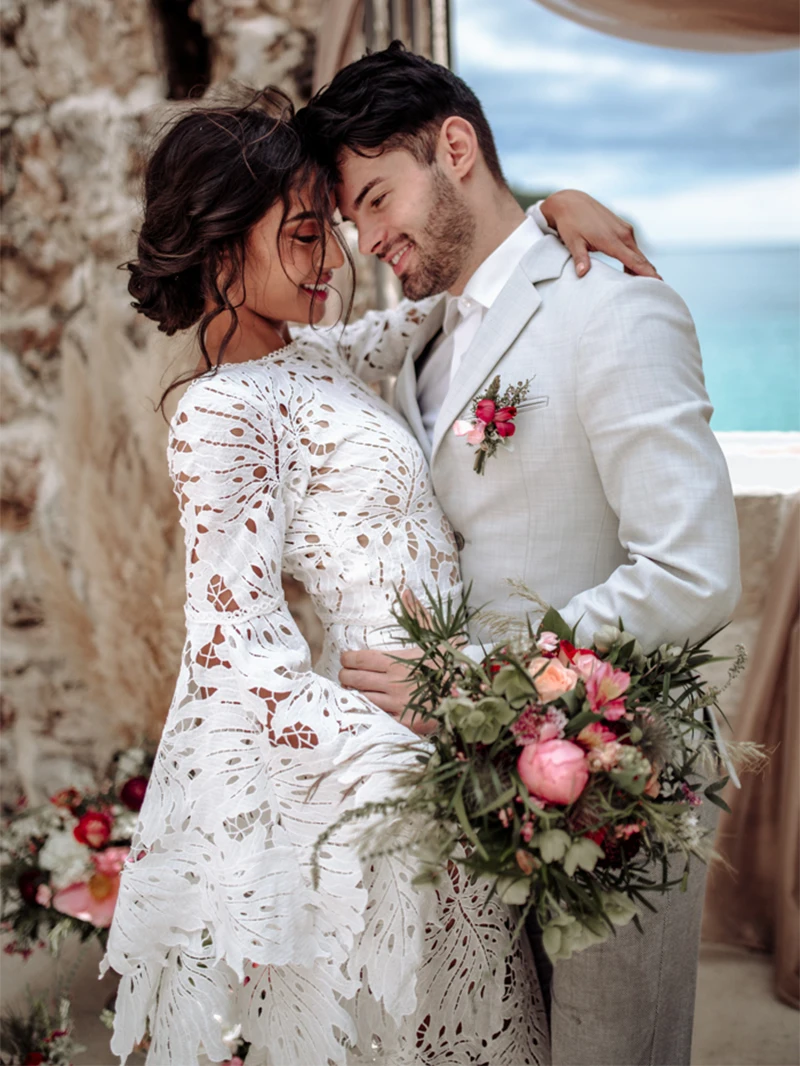ChuYu 2021 Lace Chiffon Spaghetti Straps V Neck Sexy Side Slit Vestido De Novia Long A-line Wedding Dress Formal Occasion