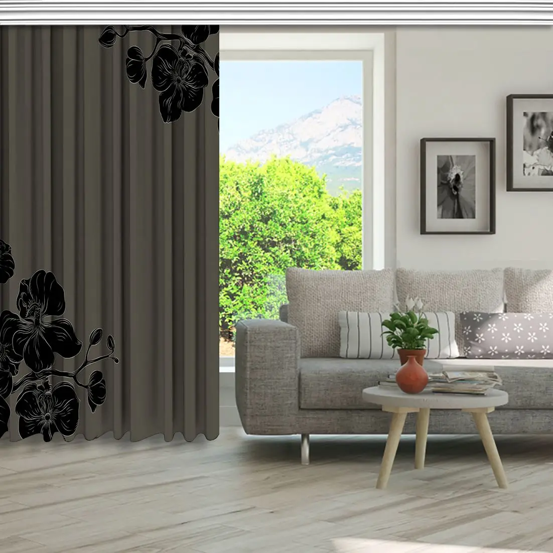 Занавески ветви орхидей букеты цветут романтические монохромные работы