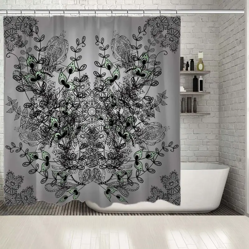

Shower Curtain Vintage Floral Pattern Flowers Plants Garden Nature Theme Classic Motifs Printed Artwork Gray Green