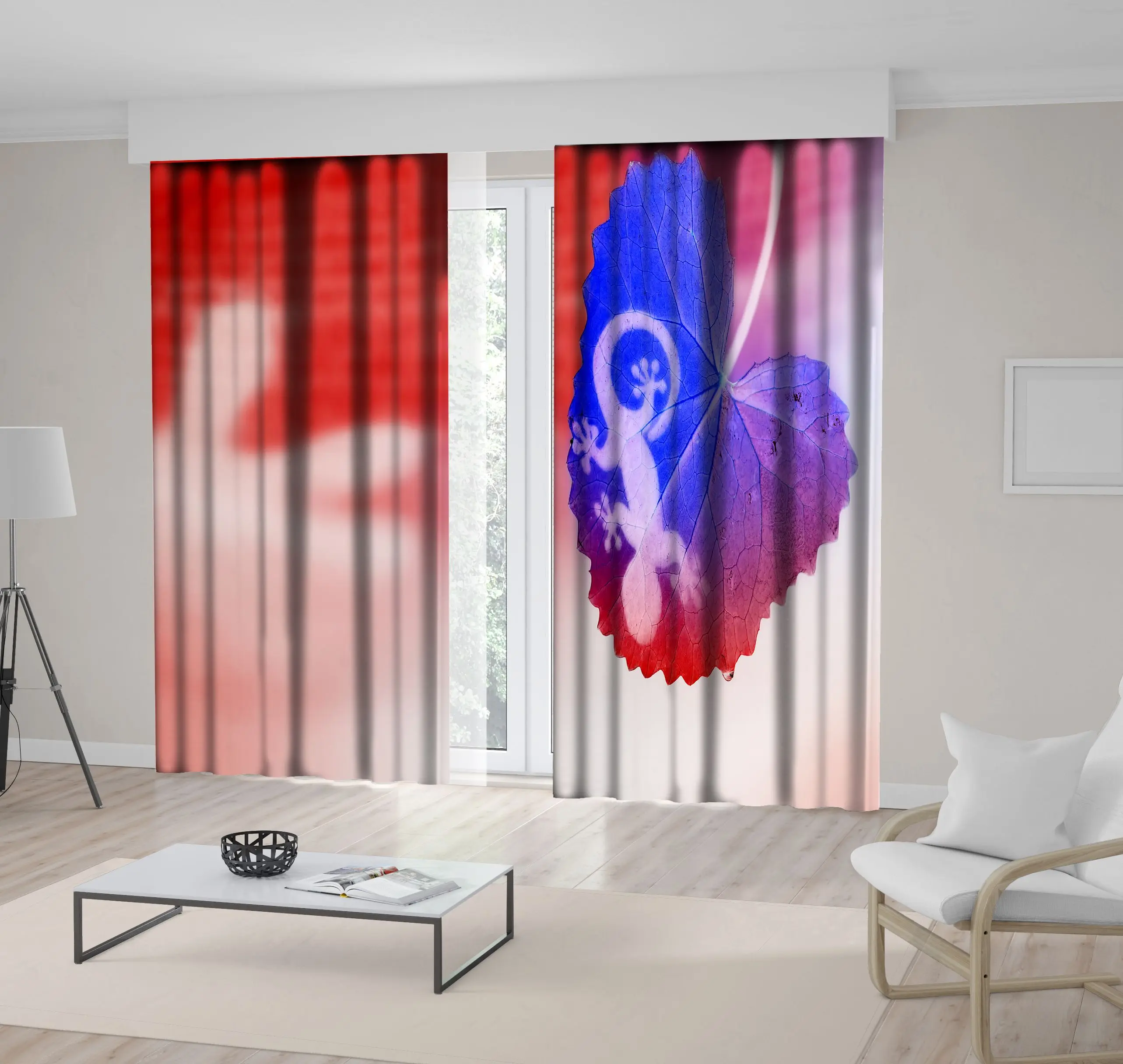 

Curtain Lizard Shadow on A Tropical Leaf Exotic Jungle Animals Wild Life Nature Printed Photo Red Blue