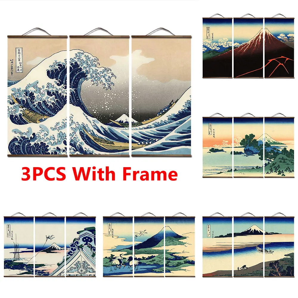 

Vintage Japanese The Great Wave Canvas Painting With Frame Print On Wall Art Picture For Living Room Home Decoration