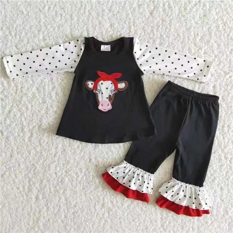 2021 new style Embroidered cow's head black dot set clothing set kids boutique outfit children clothes