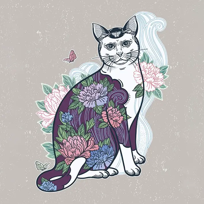 

Curtain Cat in Summer Garden Flowers Butterflies Fun Decorating Floral Artwork Printed Purple Pink Blue Green