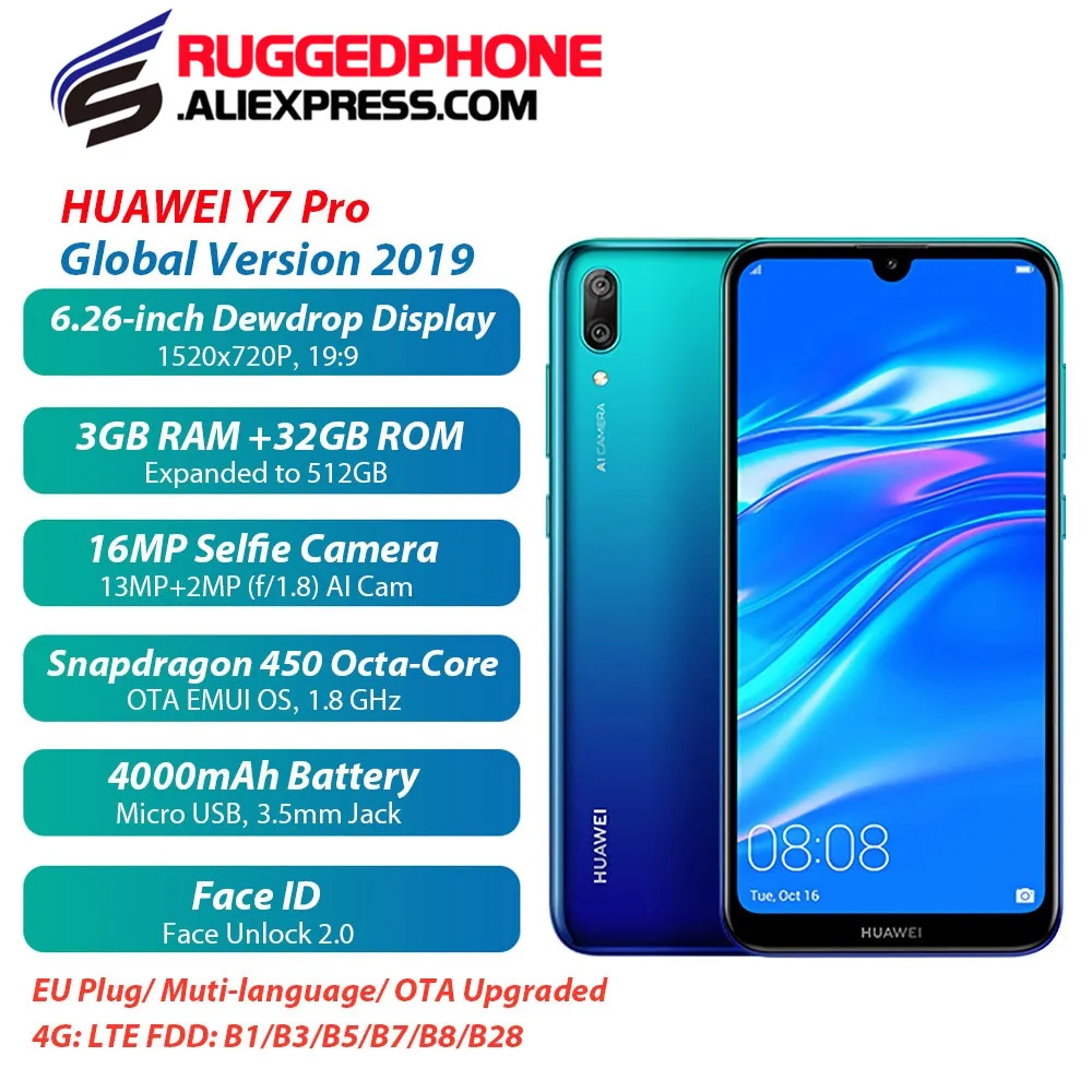 HUAWEI Y7 Pro 2019 4G смартфон 6 26 ''Android Oreo Qualcomm Snapdragon 450 3 ГБ ОЗУ 32 Гб ПЗУ 16 0 Мп 4000 мАч