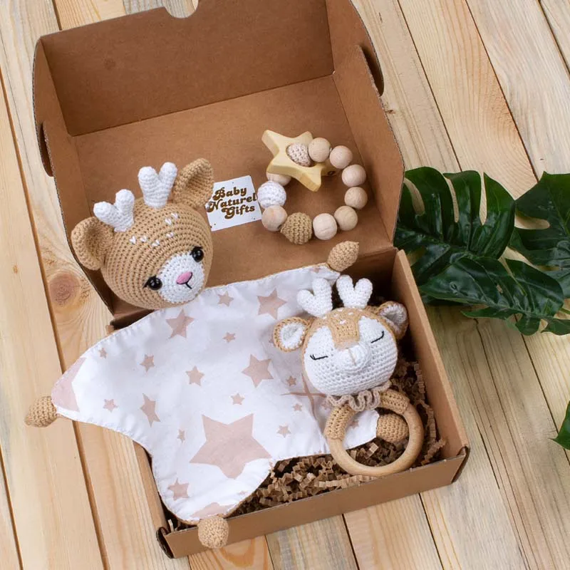 

Amigurumi For Newborn Boys Girls Baby Rabbit Handmade Moms Pregnancy Pacifier Strap Gift Box Organic Knitted Teether Rattle