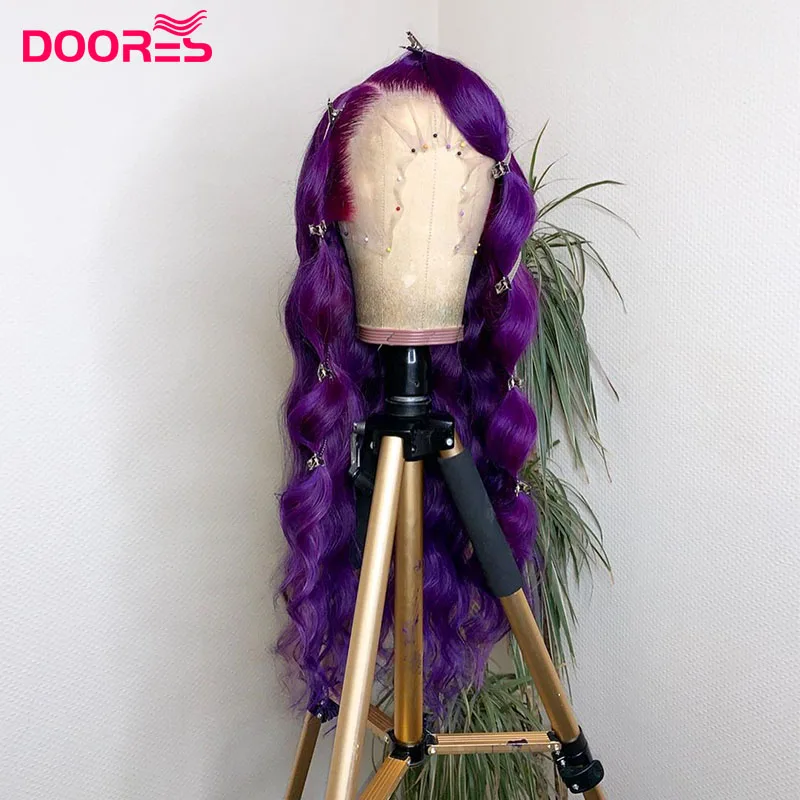 Парик из человеческих волос фиолетового цвета с волнами на лбу и прозрачной сеткой для женщин темнокожего цвета для косплея, 30 дюймов.