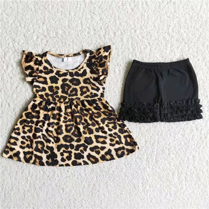 

summer children clothing set new fashion baby girl shirt clothes suit kids girl outfit suit flutter sleeve leopard top shorts