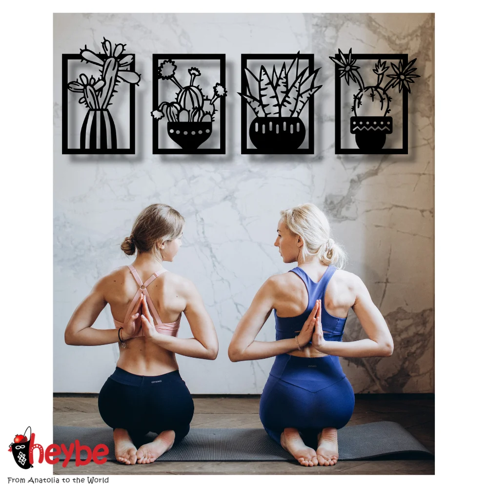 Деревянный набор из 4-х цветущих кактусов для украшения стены идеи подарка качества черный современный природа пустыня дом офис северный стиль спальня гостиная.