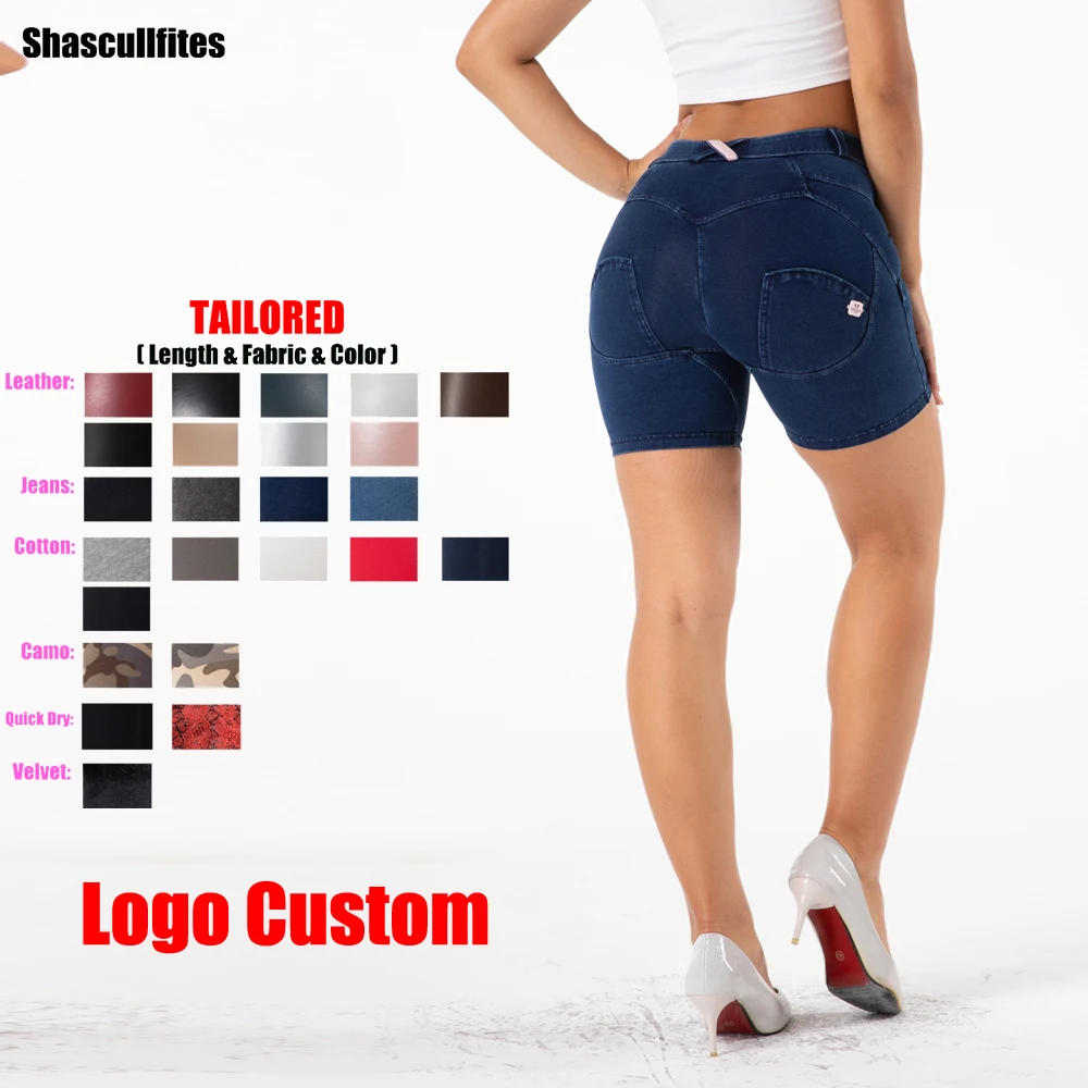 Shascullfites Melody Tailored Pants Women Logo Custom Middle Waist Dark Blue Denim Shorts Butt Lift Fitness Women's Shorts