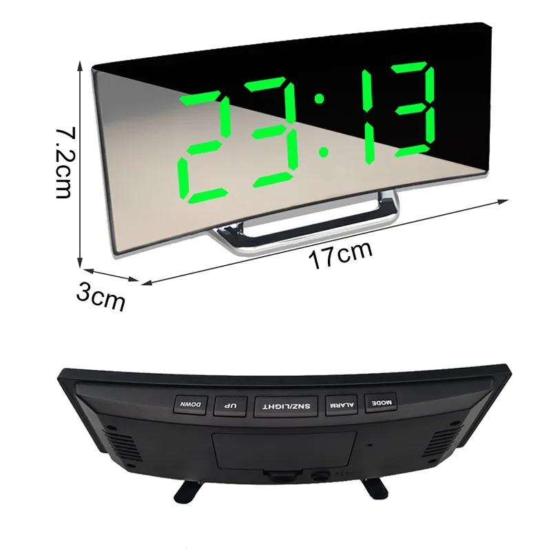 

LED Digital Alarm Clock Mirror Curved Dimmable Electronic Digital Desktop Clock For Kids Bedroom Large Number Table Snooze Clock