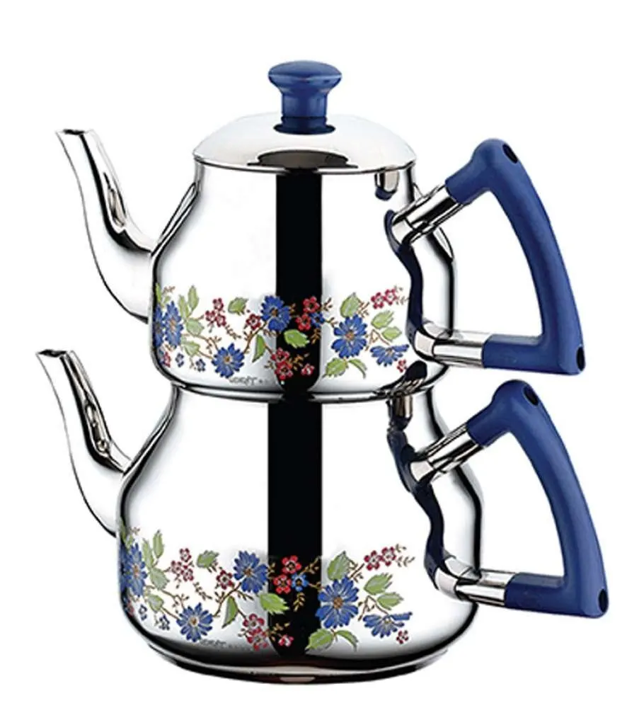 

Teapot Stainless Steel For Turkish Tea Medium Size Flowered Blue Pink Rose 18/10 Cr*Ni Made in Turkey FREE SHİPPİNG