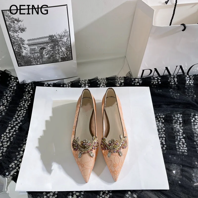 

Fashion Women Summer Spring Pointed Toe Flat Shoes 2022 New Sexy Embroidery Mesh Lace Design Diamond Shoes Party Wedding Shoes