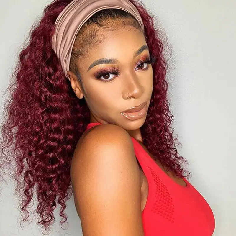 99j Burgundy Headband Wig Curly Human Hair Wigs For Black Women Brazilian Colored Deep Wave With HeadBand | Шиньоны и парики
