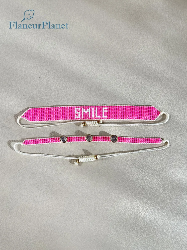 

FlaneurPlanet High Quality Women Bracelet 2 PCS Set Pink Bracelets Name Zircon Miyuki Bracelet