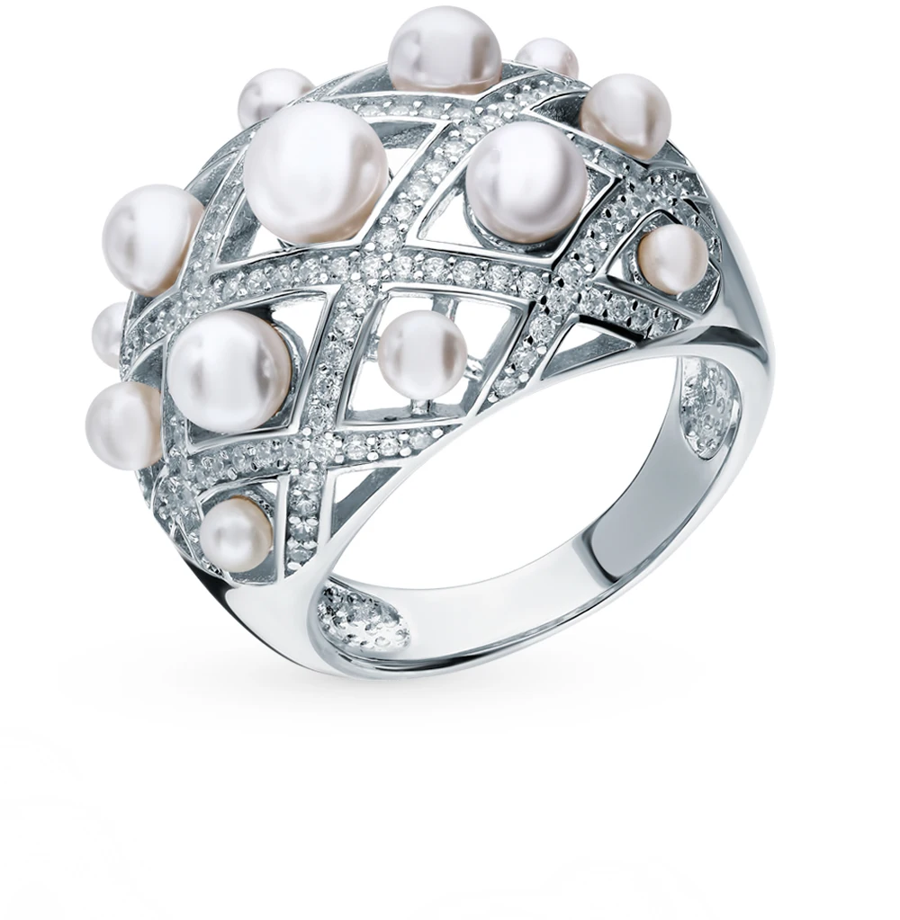 Серебряное кольцо с фианитами и жемчугами имитациями SUNLIGHT проба 925 | Украшения