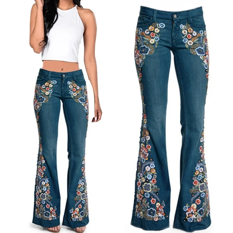 Women Embroidered Bell Bottoms Skinny Jeans Floral Flared Jeans Ladies Spring Casual Denim Pants XS-4XL