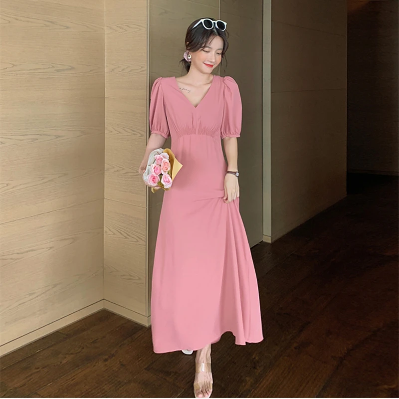 

New Summer Women Fashion Solid Color Elegant V-Neck Party Office Lady Casual Wear Female Slim Dress Vestidos