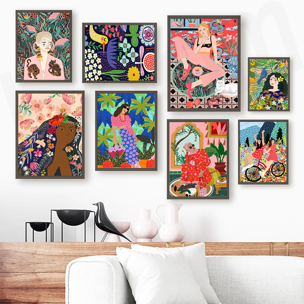 

Tropical Colorful Girl Flower Bird Botanical Wall Art Canvas Painting Posters And Prints Wall Pictures For Living Room Decor