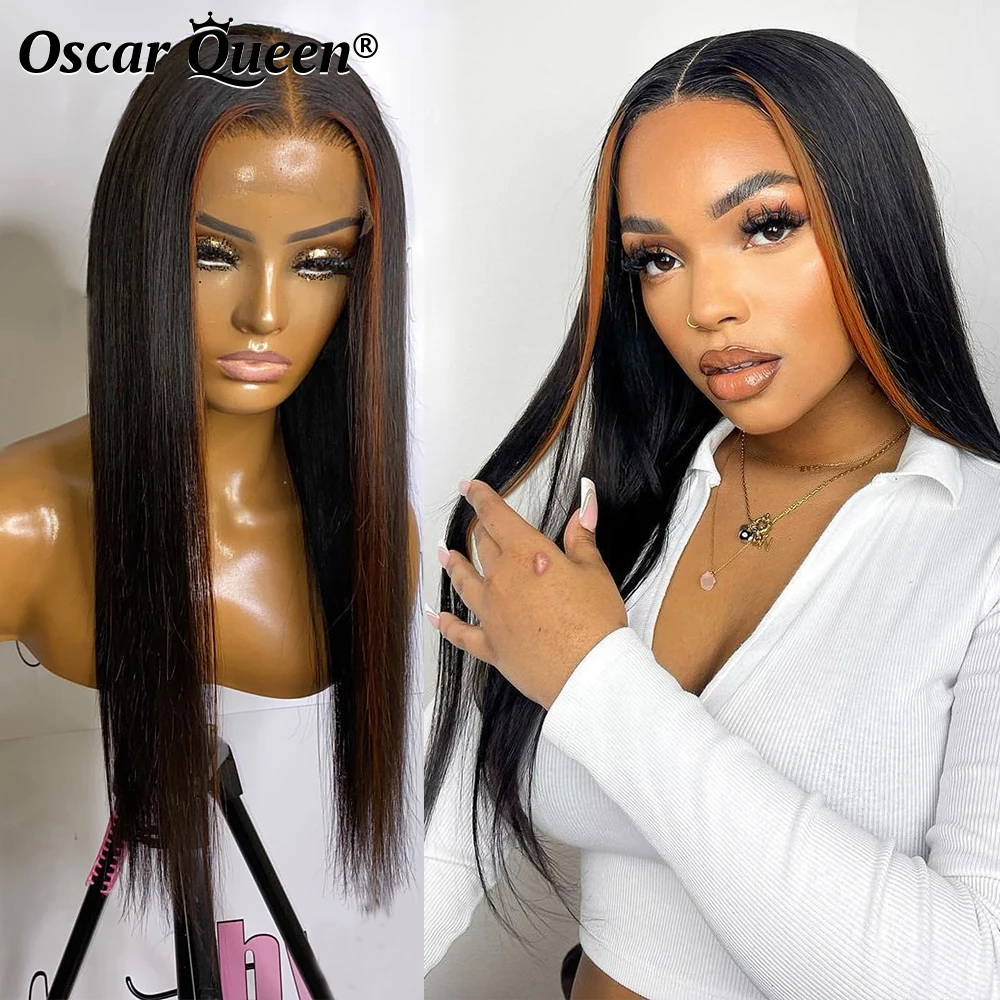 

150% 180 Density Highlight Straight 13x4 Lace Front Human Hair Wigs No Shedding Ombre Remy Silk Swiss Lace Frontal Wig For Women